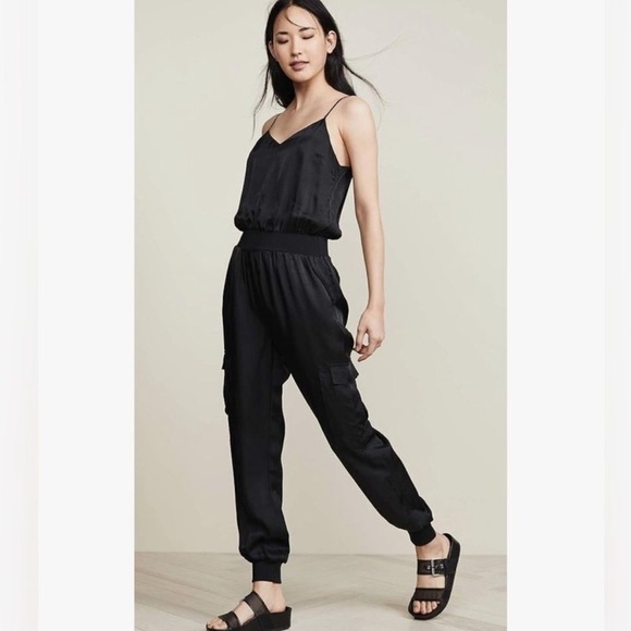 5 a 7 Cinq a Sept Anthropologie Amia Jumpsuit Black XS Spaghetti Straps Pockets - Picture 2 of 16